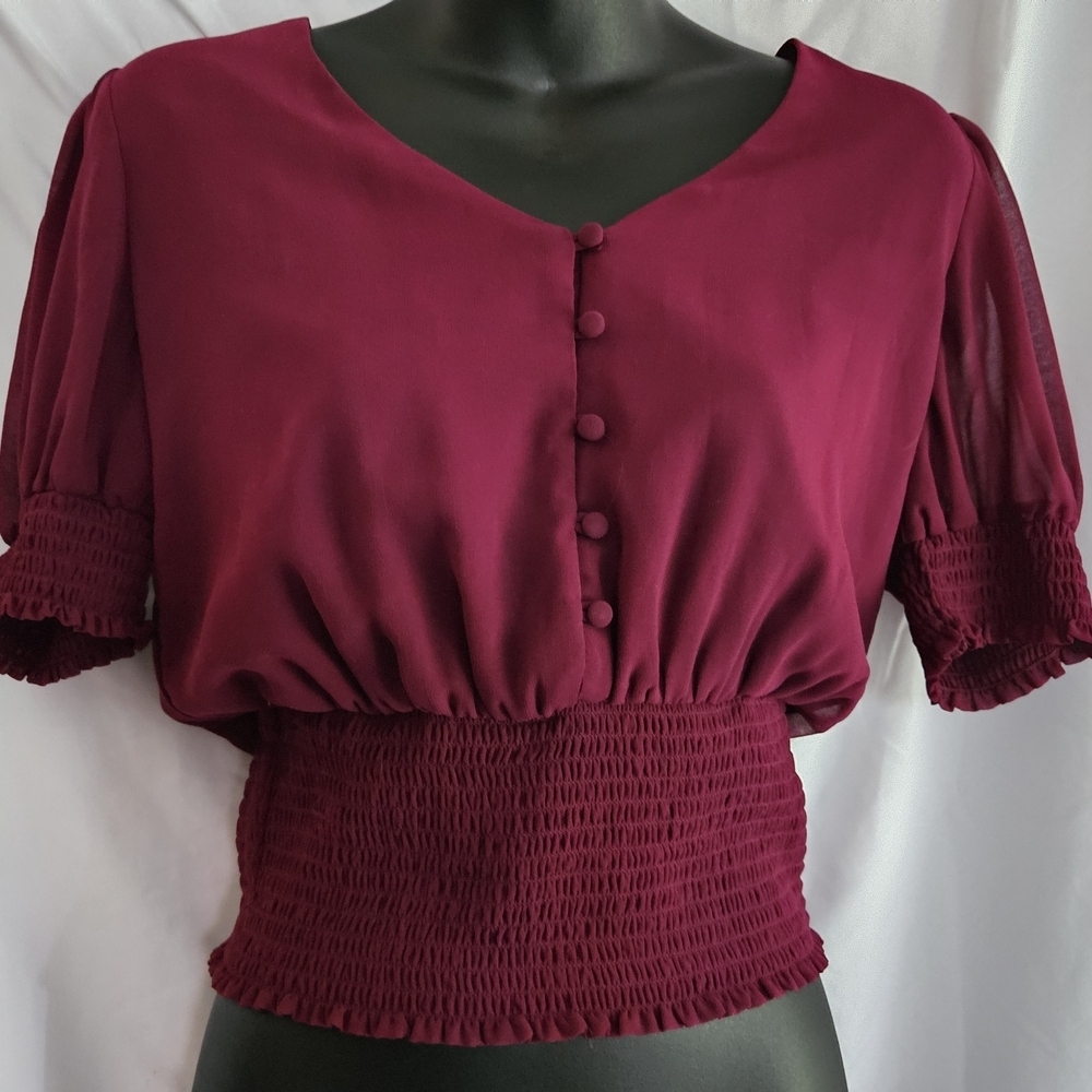 Lily White Burgundy Blouse with Smocked Waist